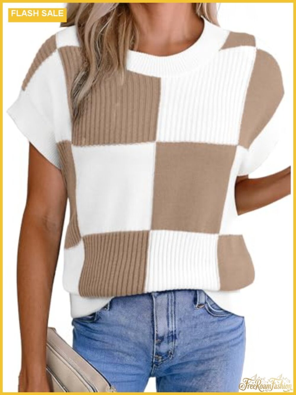 EVALESS Short Sleeve Sweater Women Checkered Knit Tank Top